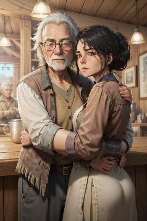 (master part, best quality:1.3) 
RDRAbigail, 1 girl hugging a 90 year old man, cabelos longos, Realistic, tiro completo , bar na cobertura, Noite, lively and energetic with a mix of natural and arteificial light 4k, 8k, trending on artestation, arte