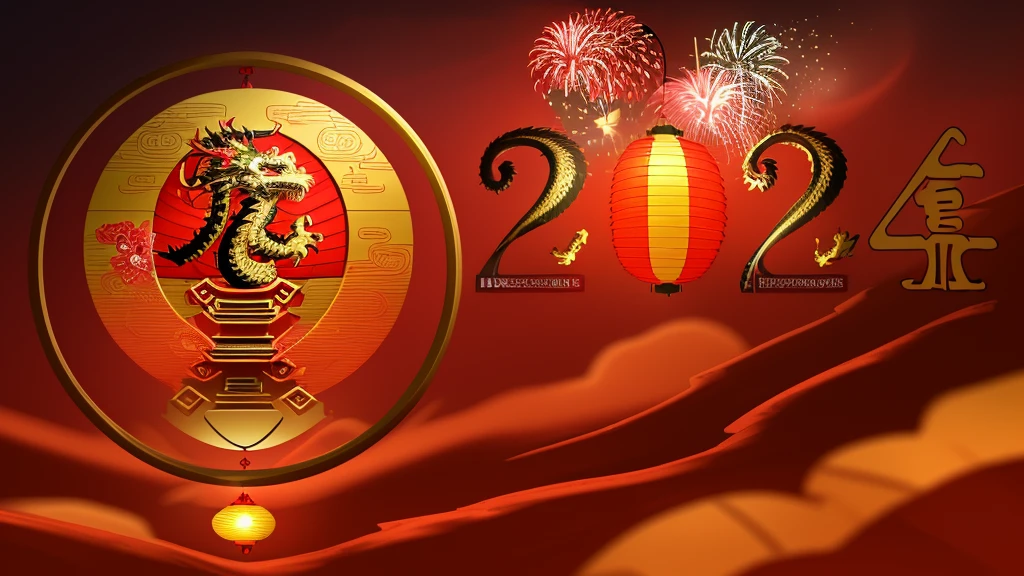 HD,4k,masterpiece_1.2,magical style,(Chinese dragon),festive,lantern,red and gold,(fireworks)