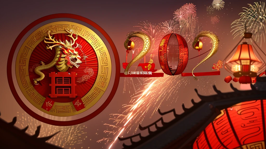 HD,4k,masterpiece_1.2,magical style,(Chinese dragon),festive,lantern,red  and gold,(fireworks)