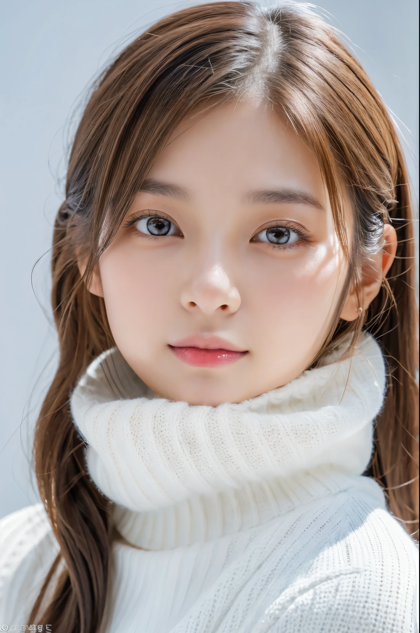 Young japanese lady, 30s, White background, It features a simple背景, white-brown hair, slender, 4K, in 8K, High quality, Beauty, Beautiful eyes, It features a simple, High resolution,1 person,Beautiful skins,Beautiful skin,wearing a white knit,Winters,lipsticks