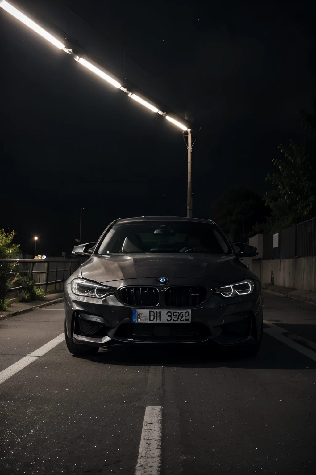 Create a dark picture of a 2023 bmw m3 with the headlights shining through smoke