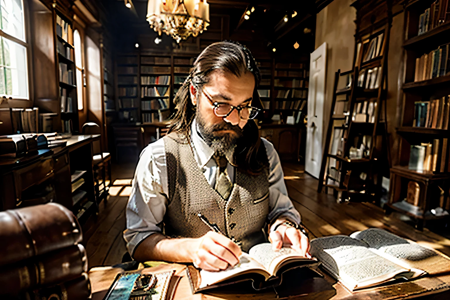 Outono de 1910, Steampunk, (academia sombria), ((biblioteca)), farm in the south of France, paredes caiadas, piso de tijolo, teto alto, estantes de madeira com portas de vidro, ((ampla perspectiva da sala)), ((mesa)), books on mesa, abajur vintage, Family of 3, 50-year-old man leitura, ((olhando para baixo no livro)), leitura nook, ((bigode de gancho)), canelas brancas, ((barba pontuda)), (cabelo ficando grisalho), (cabelo curto com uma onda mais longa na testa), ((cabelo penteado da direita para a esquerda)), ((nariz italiano)), ((queixo pequeno)), pequenos olhos castanhos, ((Round Eyewear)), boca fina, elegante, (Colete de tweed cinza), ((esposa de 40 anos)), esposa bonita, (Persian appearance), ((Vestido eduardiano)), wife sewing on a sewing machine, ((filha de 6 anos)), leitura, Recanto Aconchegante