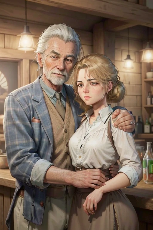 (master part, best quality:1.3) 
RDRAbigail, 1 beautiful blonde girl hugging a 90 year old man, cabelos longos, Realistic, tiro completo , bar na cobertura, Noite, lively and energetic with a mix of natural and arteificial light 4k, 8k, trending on artestation, arte