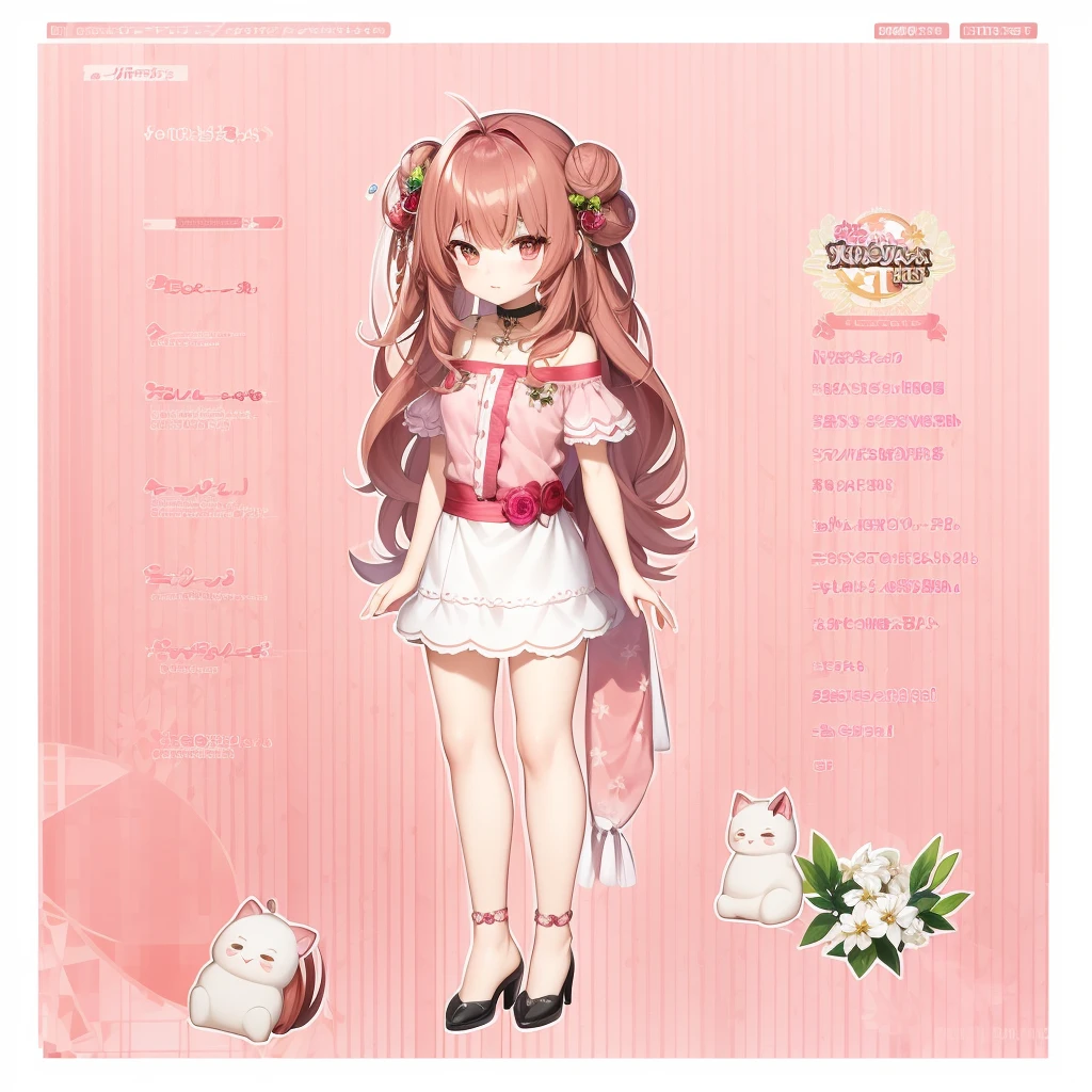 brownish dark pink hair wearing rose alampay pink dress, anime character reference sheet, reference sheet, full body!, [ character design ], design sheet, character reference sheet, long Pale brownish pink hair with sampaguita one hair bun (one right next sampaguita on her hair) with and golden brown eyes, single character full body Genshin style, , official artwork, CG, art Tala/>~Gender : Female~Size : medium female~Rarity: 5★~Weapon: , Catalyst~Element: Anemo~Nation: Mondstadt ((she is born in Sumeru and Raised in Mondstadt)) good art