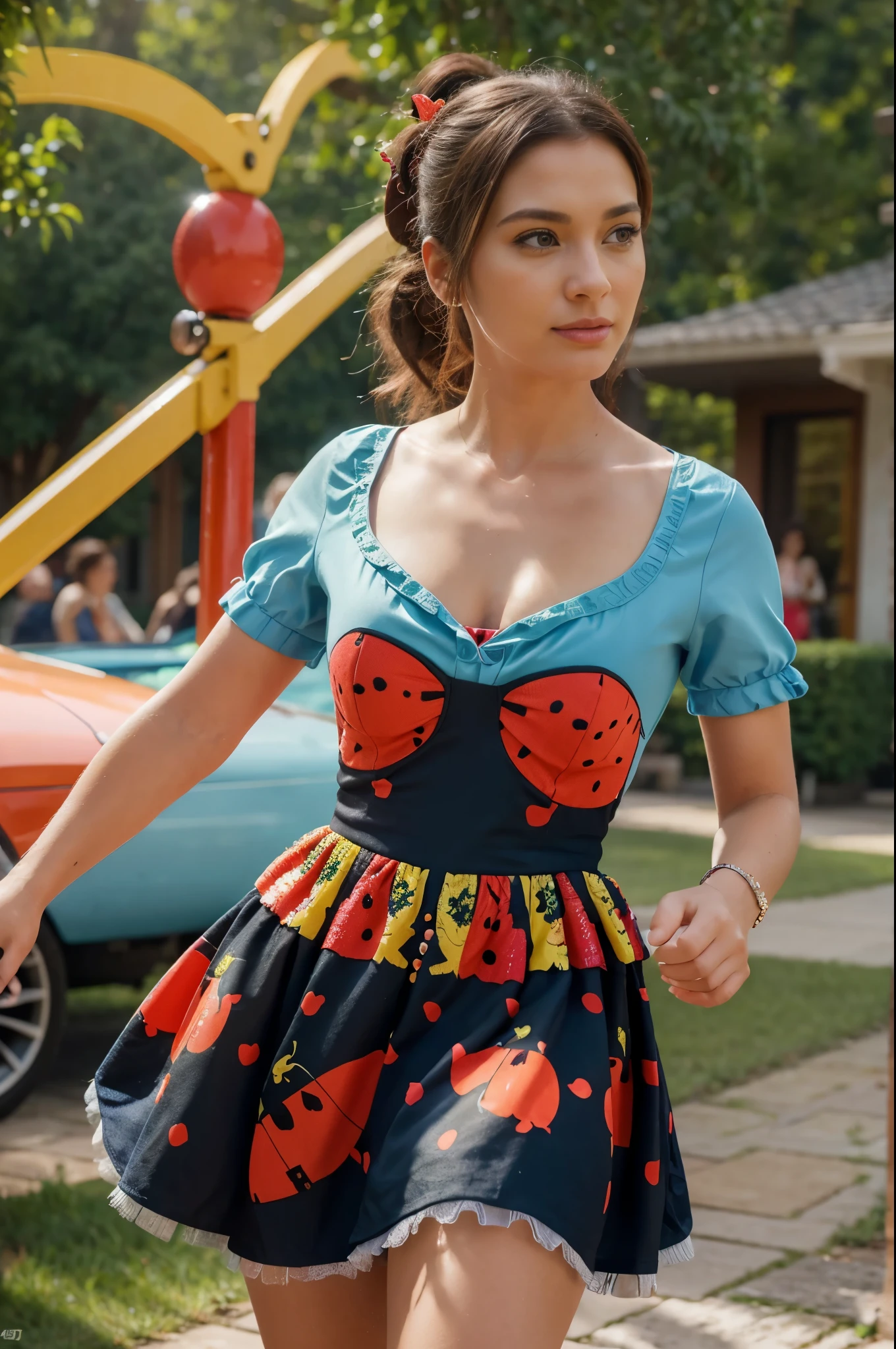 A woman walking in a ladybug dress, Finely detailed, bright and saturated colors. Excellent image realism. Magnificent image, ultra-detailed and hyper-realistic masterpiece, the highest image quality 4K HD, 4D, high definition images, 8k UHD resolution