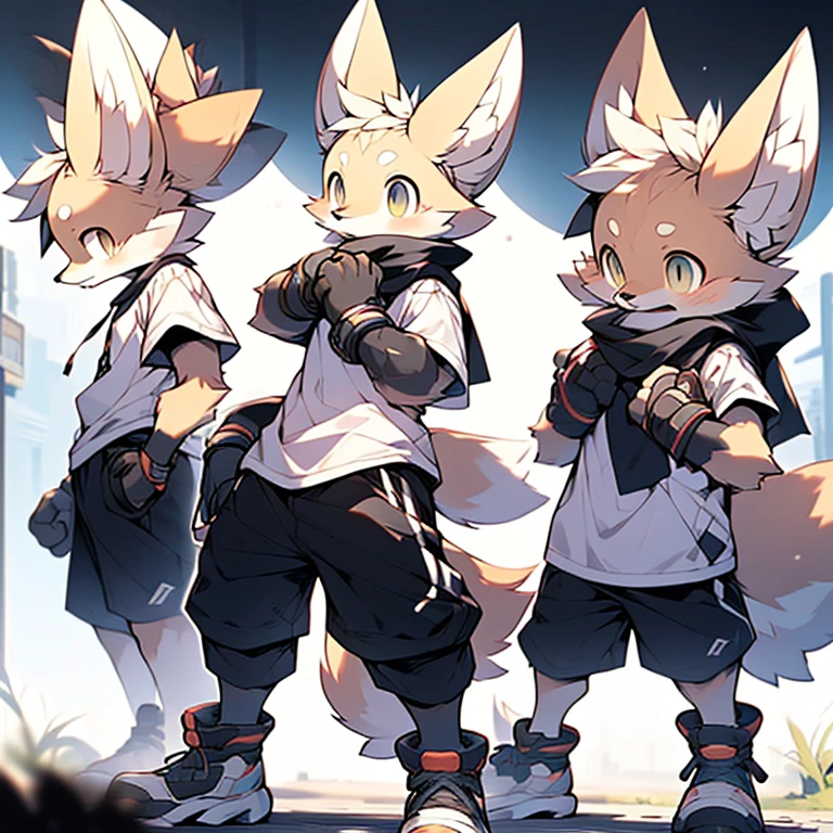 boy,Fennec fox ,Wearing a black scarf,Wear sports gloves,Wear white short sleeves and black shorts,Wear sneakers,systemic,Young,adolable,The is standing,Sideways,head bowed slightly