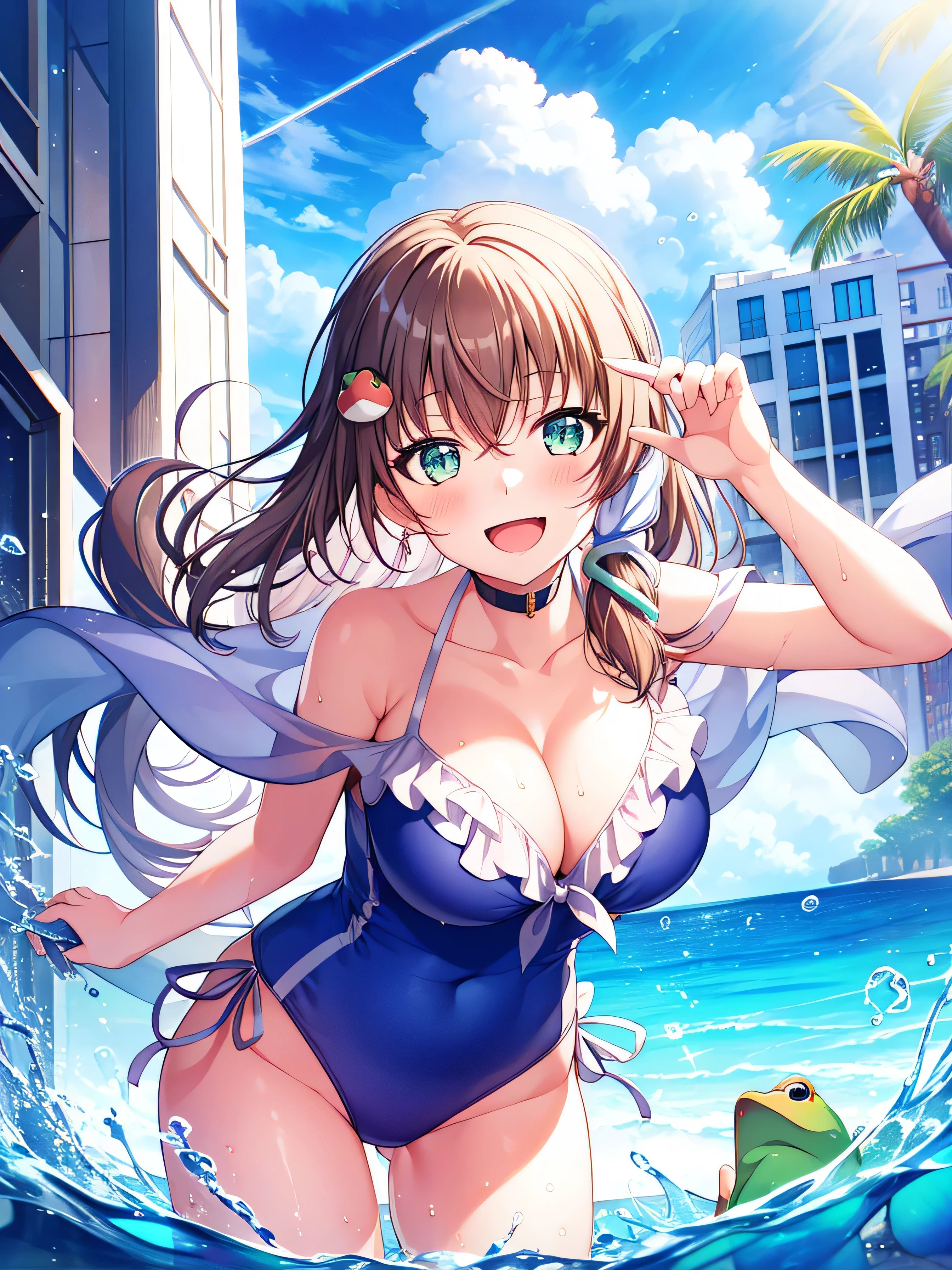1 girl, nedium breasts, Kokia_Sanae, Alone, Green_The eye, frogs_the hair_decorations, Green_the hair, The white_A piece of_swim wears, swim wears, the hair_decorations, A piece of_swim wears, daysies空, ssmile, long_the hair, serpent_the hair_decorations, avaeak, wShow on theer, Be red in the face, clouds, blue_daysies空, Outdoor activities, the hair_conduit, Chopping, lookingat_Show on the_peeping at the viewer, daysies, By bangs, bigger_nedium breasts, the hair_between_The eye, 鎖骨, Bare bare_bshoulders, the bow, Bare bare_arma, mano_Upp, :d, blue_the bow, the ocean, alternShow on thee_Costumes, wShow on theer_lowered, Uppper_body, alternShow on thee_the hairstyle, wading,