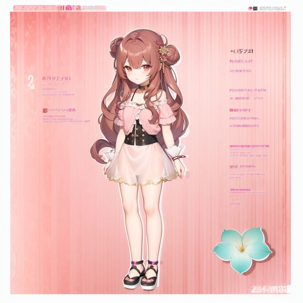 brownish dark pink hair wearing rose alampay pink dress, anime character reference sheet, reference sheet, full body!, [ character design ], design sheet, character reference sheet, long Pale brownish pink hair with sampaguita one hair bun (one right next sampaguita on her hair) with and golden brown eyes, single character full body Genshin style, , official artwork, CG, art Tala/>~Gender : Female~Size : medium female~Rarity: 5★~Weapon: , Catalyst~Element: Anemo~Nation: Mondstadt ((she is born in Sumeru and Raised in Mondstadt)) good art