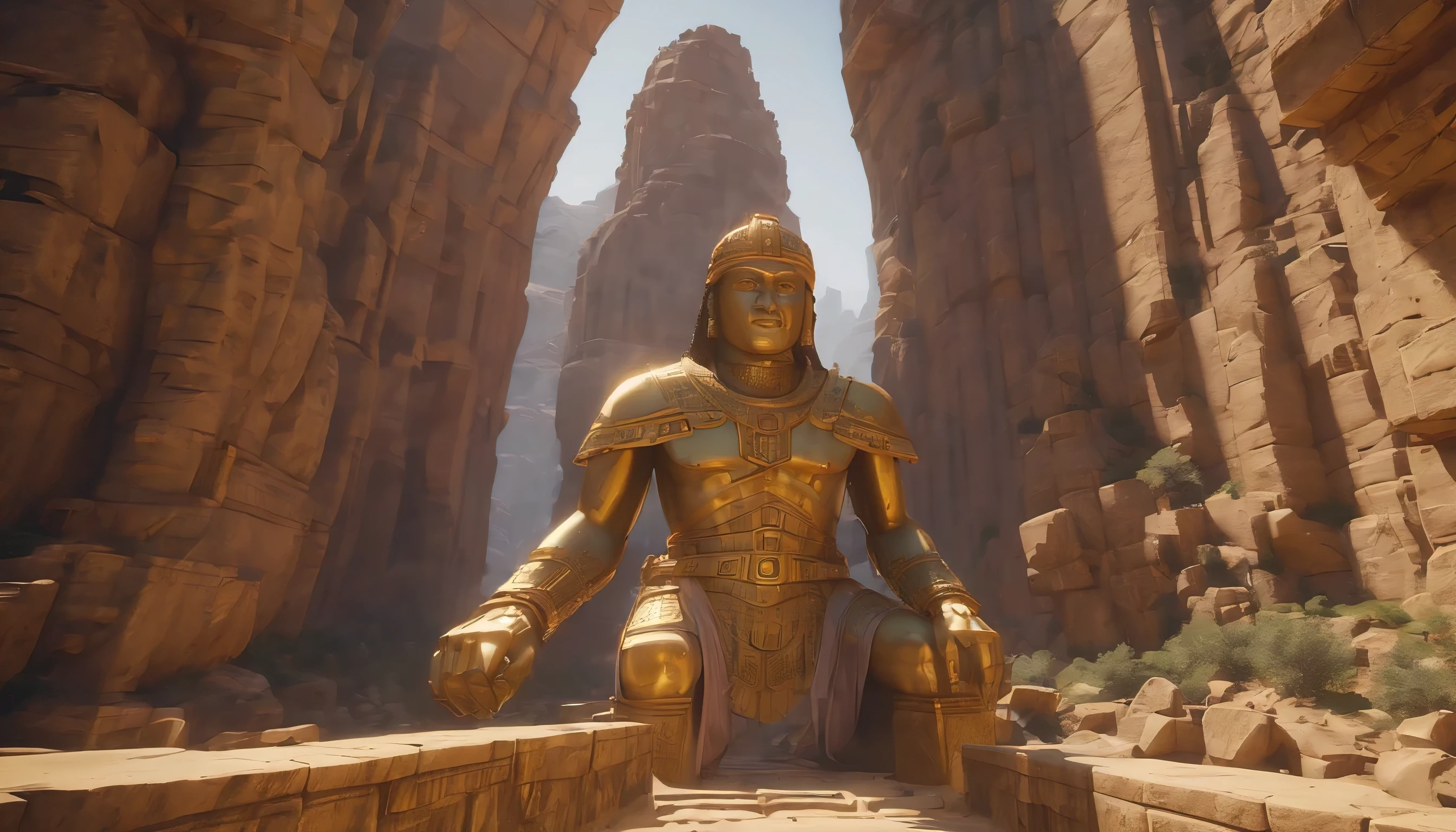 (masterpiece, best quality), there is a large wooden statue in the middle of a narrow canyon, unreal engine 5 renderered, inspired by Ras Akyem, giant gold head statue ruins, video game screenshot, still from a music video, by Thomas Crane, giant majestic archways, inspired by ferdinand knab