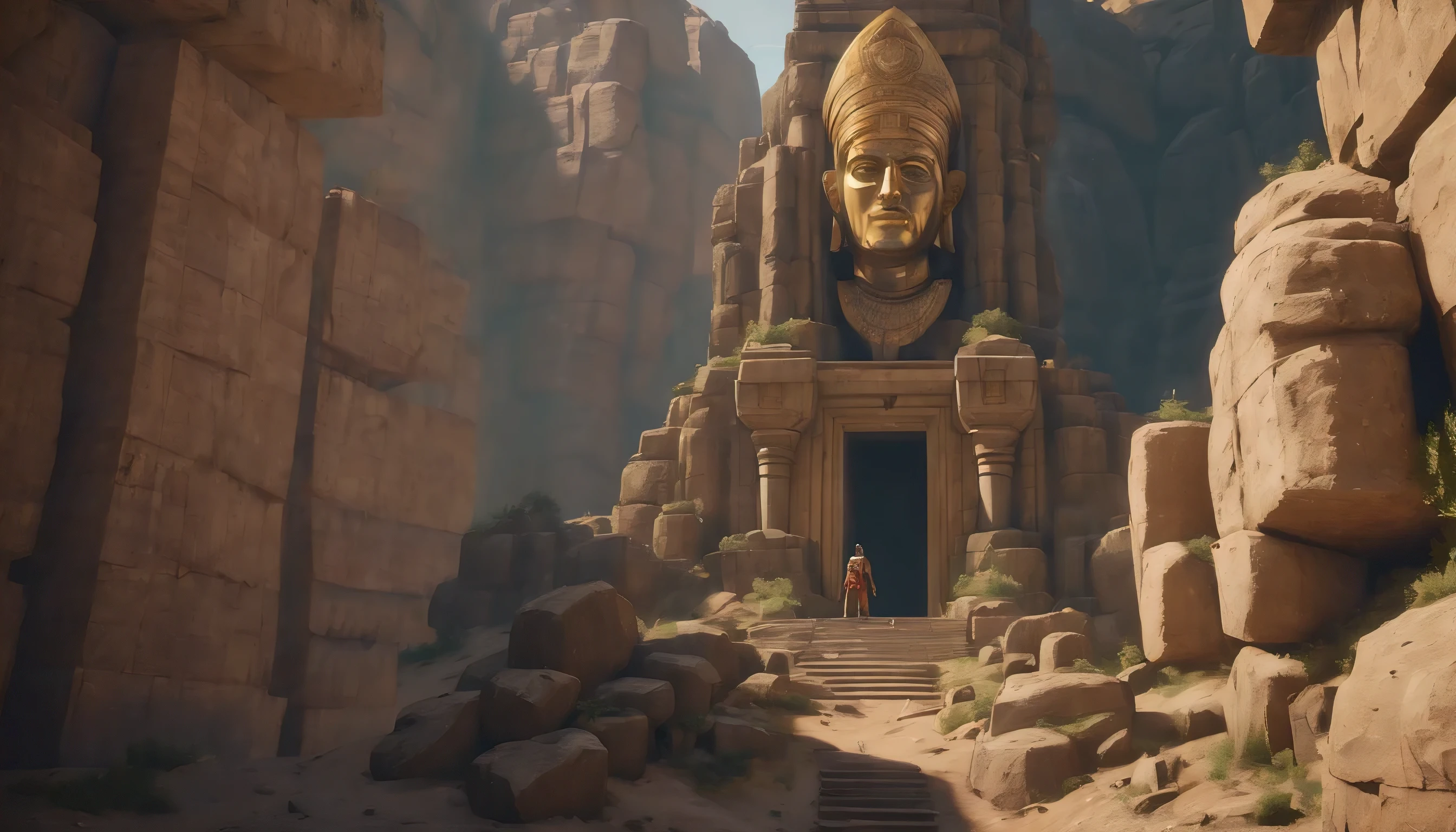 (masterpiece, best quality), there is a large wooden statue in the middle of a narrow canyon, unreal engine 5 renderered, inspired by Ras Akyem, giant gold head statue ruins, video game screenshot, still from a music video, by Thomas Crane, giant majestic archways, inspired by ferdinand knab