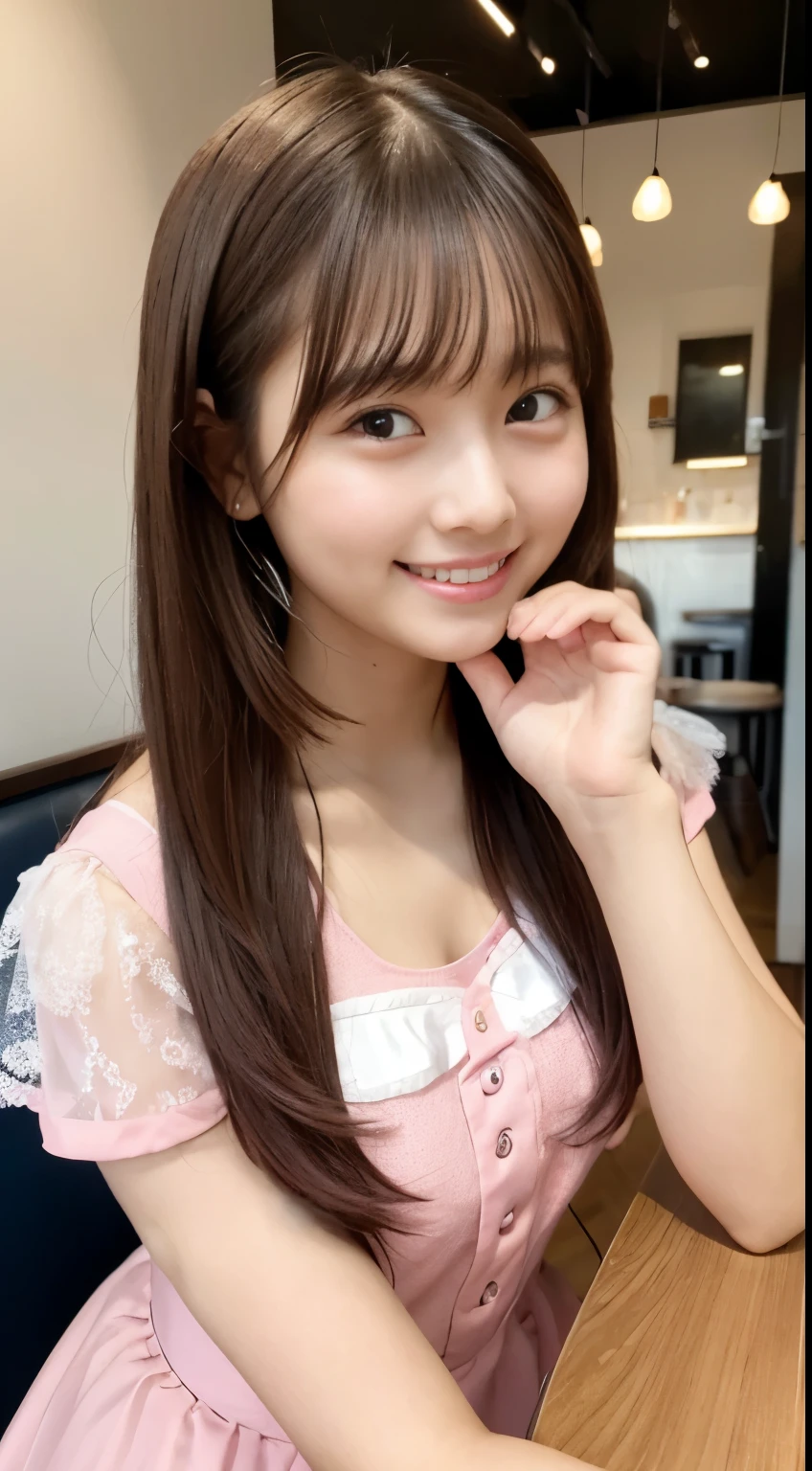 Cafe with cute interior, One girl in a pink maid's outfit with angel wings is laughing and looking at me. 22yo, 
ultra-detailed, absurd-resolution, best quality, pink and brown tone, black long hair,