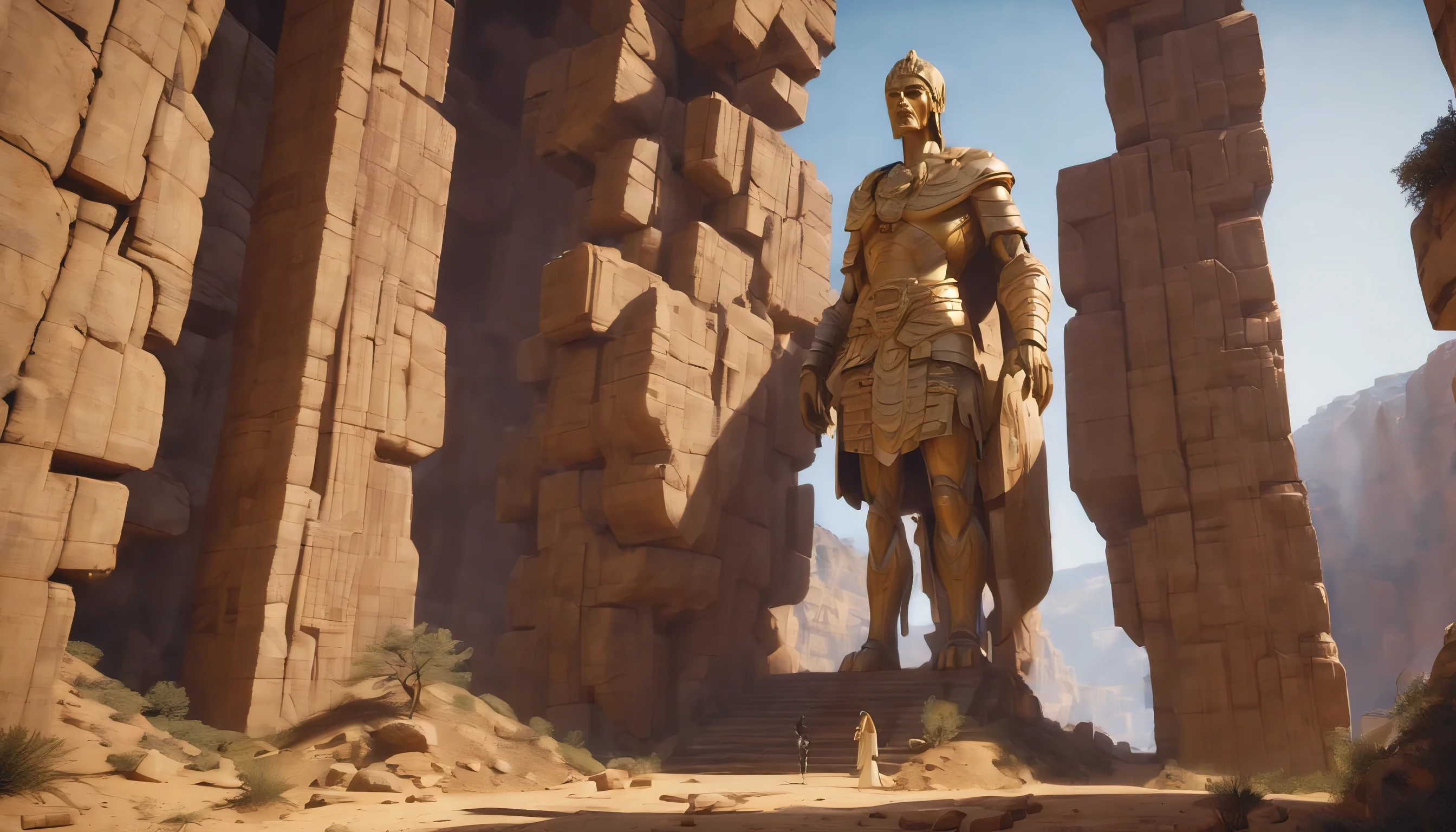 (masterpiece, best quality), there is a large wooden statue in the middle of a narrow canyon, unreal engine 5 renderered, inspired by Ras Akyem, giant gold head statue ruins, video game screenshot, still from a music video, by Thomas Crane, giant majestic archways, inspired by ferdinand knab