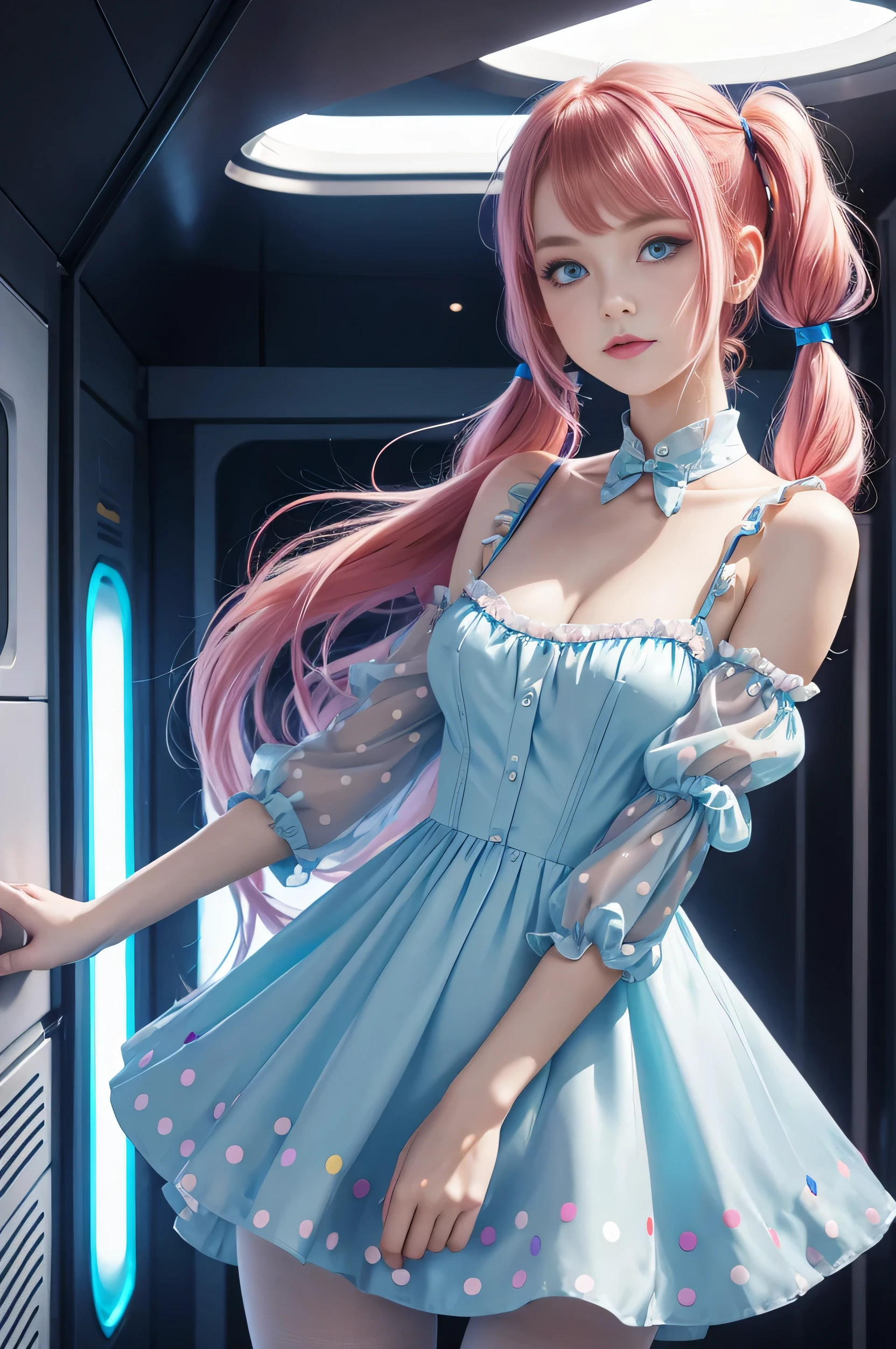 Cute redhead with rainbow colored hair tips, ribbons in her hair, 18-year-old woman, happy, in twin tails, perfect eyes, clear sparkling blue eyes, pale skin, silky smooth skin, standing on a fancy metal luxurious space ship, futuristic corridor, dark warm lighting, wearing a futuristic party dress, pleated (chemise) mini dress (pastel rainbow colors, and polka dots), puffy sleeves, silk, wearing full body pantyhose, cute short cut booties.