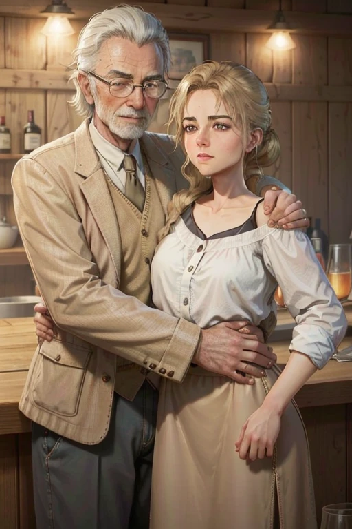 (master part, best quality:1.3) 
RDRAbigail, 1 beautiful blonde girl hugging a 90 year old man, cabelos longos, Realistic, tiro completo , bar na cobertura, Noite, lively and energetic with a mix of natural and arteificial light 4k, 8k, trending on artestation, arte