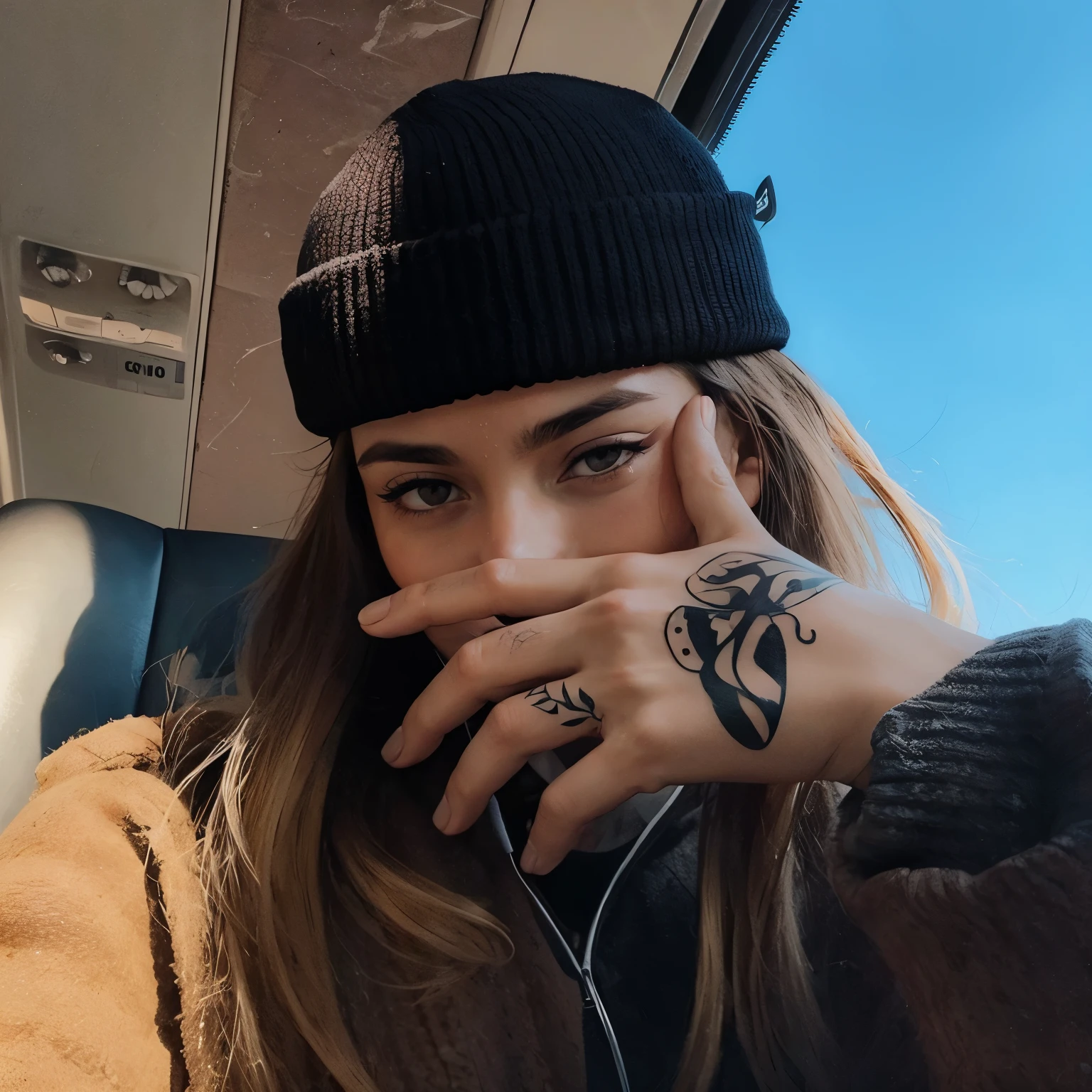 Mujer arafed con un tatuaje en la mano y un sombrero., con tatuajes de runas en la cara, con tatuajes, con un tatuaje de calamar, manos en la cara, tatuaje facials, dedo medio, mano en la barbilla, tatuaje facial, se sienta en un dedo, Usando un pescador 🧥, with a tentacle tattoo, mano en lugar de cara, con tatuaje facial