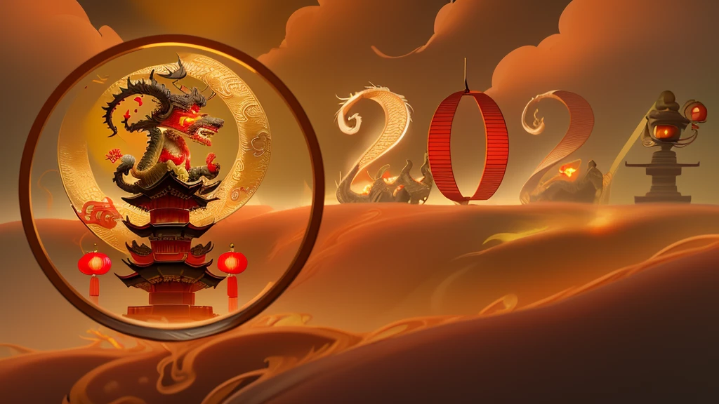 HD,4k,masterpiece_1.2,magical style,(Chinese dragon),festive,lantern,red  and gold,(fireworks)