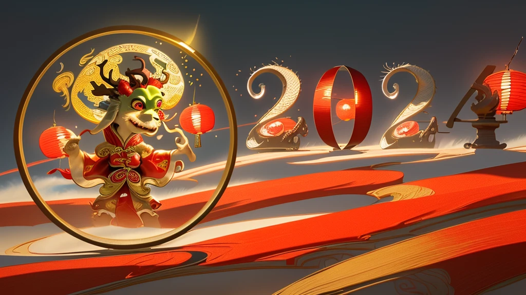 HD,4k,masterpiece_1.2,magical style,(Chinese dragon),festive,lantern,red and gold,(fireworks)