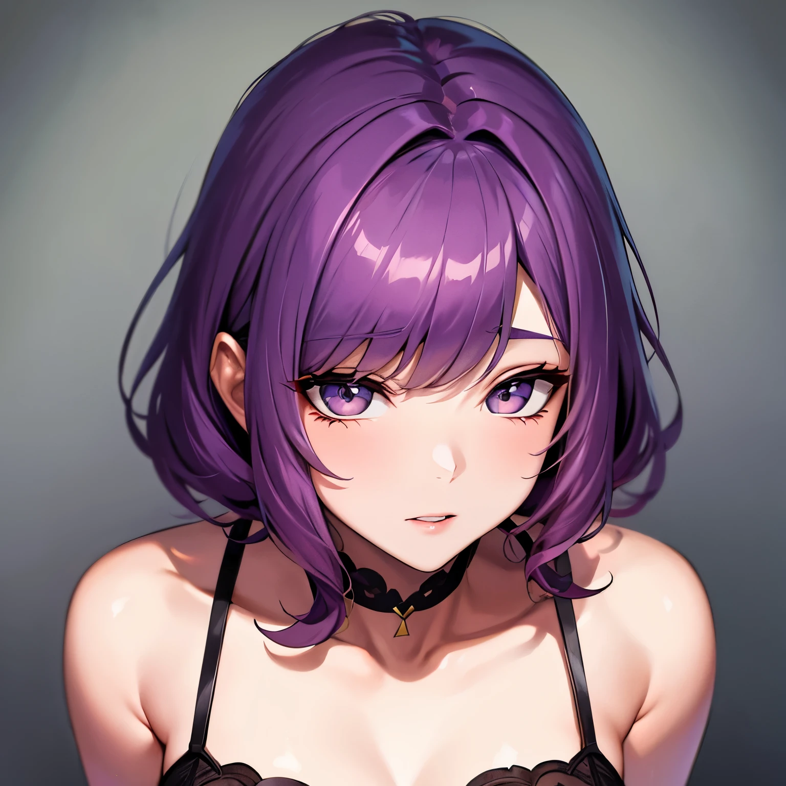 (masterpiece, best quality, ultra high res, beautiful detailed hair detailed face, perfect feminine face), akino sayuri, General, 1girl, alternate breast size, black bra, black choker, black sweater, blush, bra, breasts, choker, cleavage, collarbone, embarrassed, fingernails, gigantic breasts, hair behind ear, hair ornament, hairclip, hand on own shoulder, long hair, looking down, mole, mole under eye, off-shoulder sweater, off shoulder, parted lips, pink background, pink nails, purple eyes, purple hair, ribbed sweater, sharp fingernails, solo, sweat, sweater, underwear, upper body