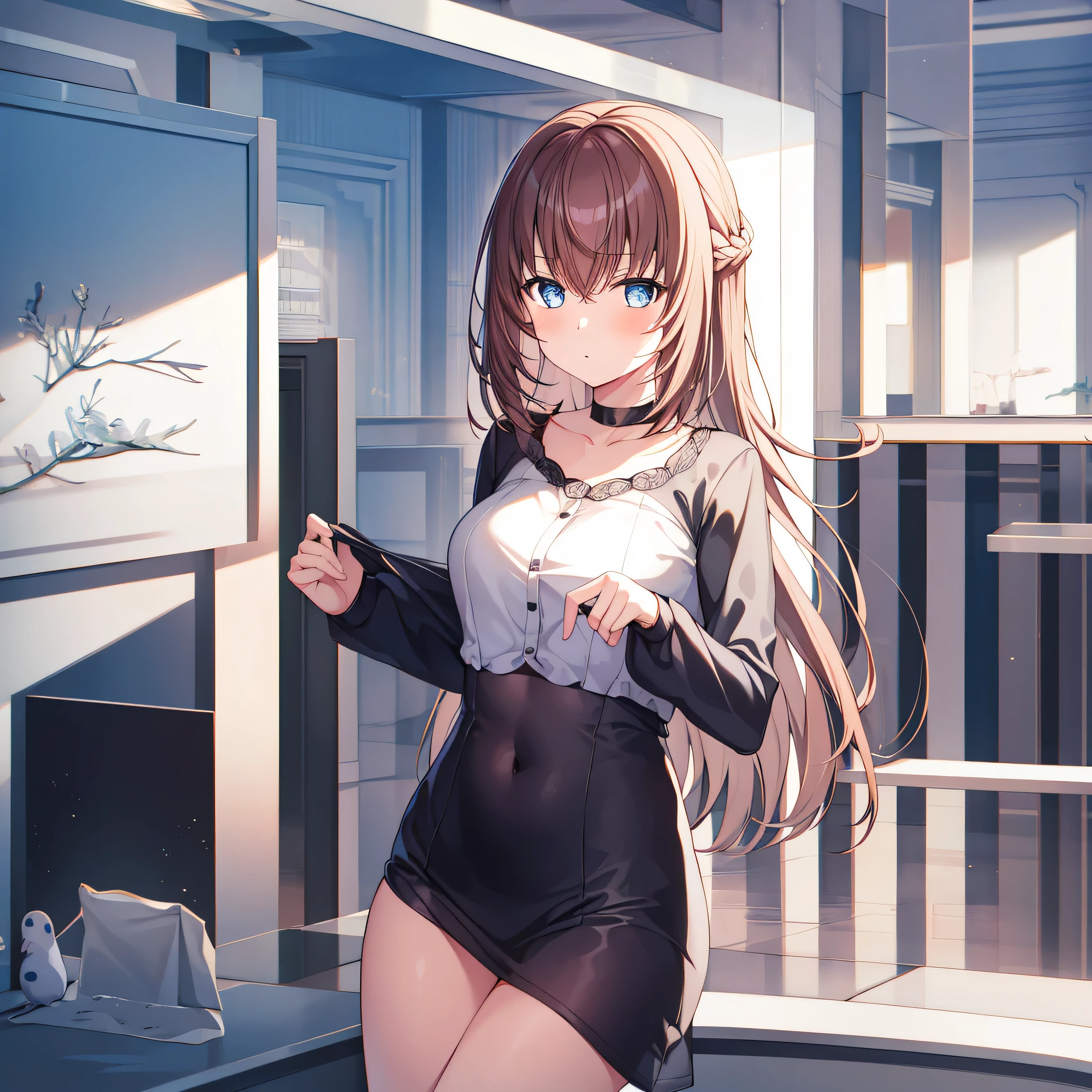 1 girl, nakaThe No_mirai, , Alone, scantily clad, , blue_There are eyes, Brown_the hair, long_the hair, the hair_between_There are eyes, The white_, awas_Clothes are, lookingat_Shown in_peek viewer background, The shirt, sitted, deactivate_beaks, navel, The No_the good, awas_The shirt, through bangs, long_the sleeve, The large_, medium_, 开衫The shirt, face flushed,