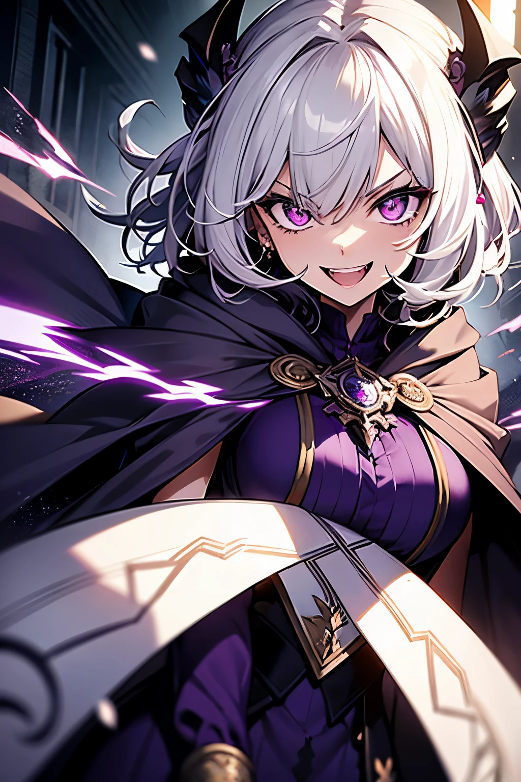 Woman, menacing crazy glowing eyes, eyes wide open, very wide smile, crazed murderous smile, open mouth smile, fangs, very short wavy white hair, sparkling purple eyes, medium chest, ornate dress covered by a cloak