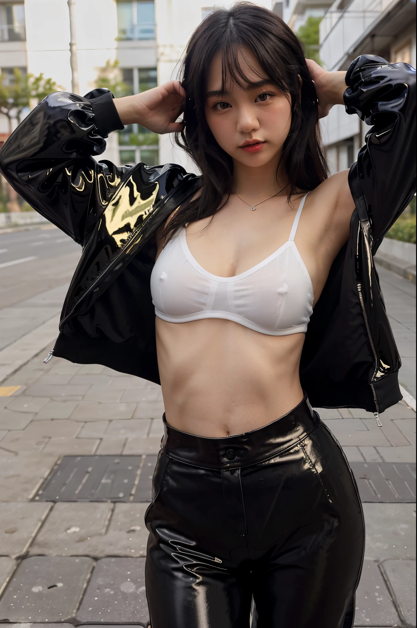 ultra‐realistic, higher-contrast image, high-quality, 4k, a beautiful 19 year old Japanese actress is posing outdoor in street style, sexy pose with her left hand taking off her jacket, trying to show her beautiful armpit, seductive face, a black glossy leather bomber jacket, slim white sporty cami top, cami top made from very thin fabric, black glossy long fitness pants, --v 4-