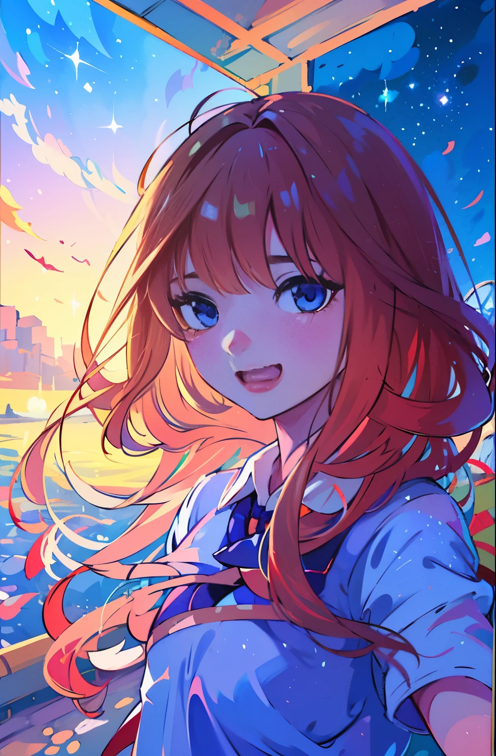 Cute as a dream、a pale, (​masterpiece、top-quality、top-quality、watercolor paiting(Curly)、Official art、Beautifully Aesthetic:1.2)、colourfull、Hair spreads throughout、kawaii、pastels、summer, blue sky, white clouds, HD Detail, Ultra Detail, Movie, Soft Light, Deep Focus Bokeh, Ray Tracing, --niji 5. crystal, fantasy, galaxy, transparent, shimmering, sparkling, splendid, colorful, magical photography, dramatic lighting, Heart, iridescent, cute, crystal, love, blushing, sweet expression, blue sky, iridescent clouds, pastels, dark starry sky, (1 girl), (solo), Wallpapers, poster HD, Soft Light, Deep Focus Bokeh, Ray Tracing, --niji 5 Summer, Sketch, Iris: 1.2), , sfw, a cute face, laughing, aaitsuki, Nakano Itsuki from The Quintessential Quintuplets, masterpiece, 4k, ultradetailed, cowboy shot, nakano itsuki,  fluffy red hair, blue eyes, nakano_itsuki, collared white shirt, sleeveless red-pink jumper, star hairclips, 5 pointed star hairclips, school uniform, laughing happily, neat lineart, cute, tender, lovely, cozy, sweet