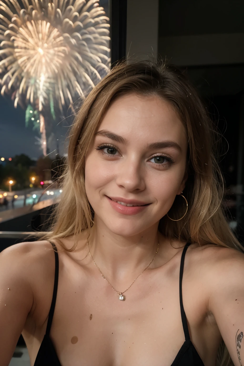 ((Best quality)), ((Masterpiece)), (Detailed), visage parfait, nouvel an, feast, Bonne Année 2024, femme blonde platine , fireworks, femme platine blonde, cheveux blonds, selfie, sourire