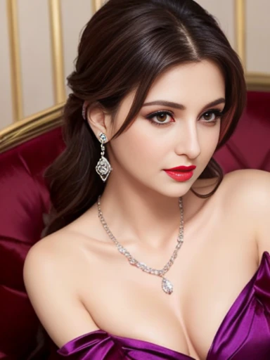 Lebanese lady, diamond dangling earrings, necklace, bracelets, small breasts, 40 years old, smokey eyes, red lips, innocent face, nudity, stylish hairstyle, posing, modeling, nipples, hair accessories