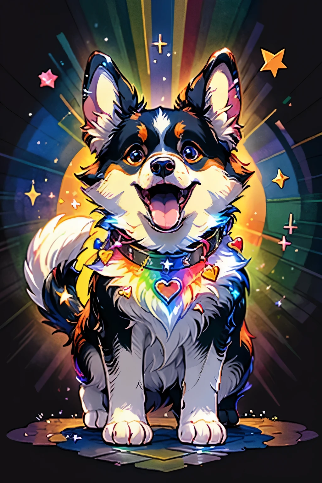 Niji Pride, solo, smile, open mouth, tail, heart, tongue, tongue out, star (symbol), collar, no humans, sparkle, fangs, looking up, dog, animal focus, sparkling eyes, fluffy