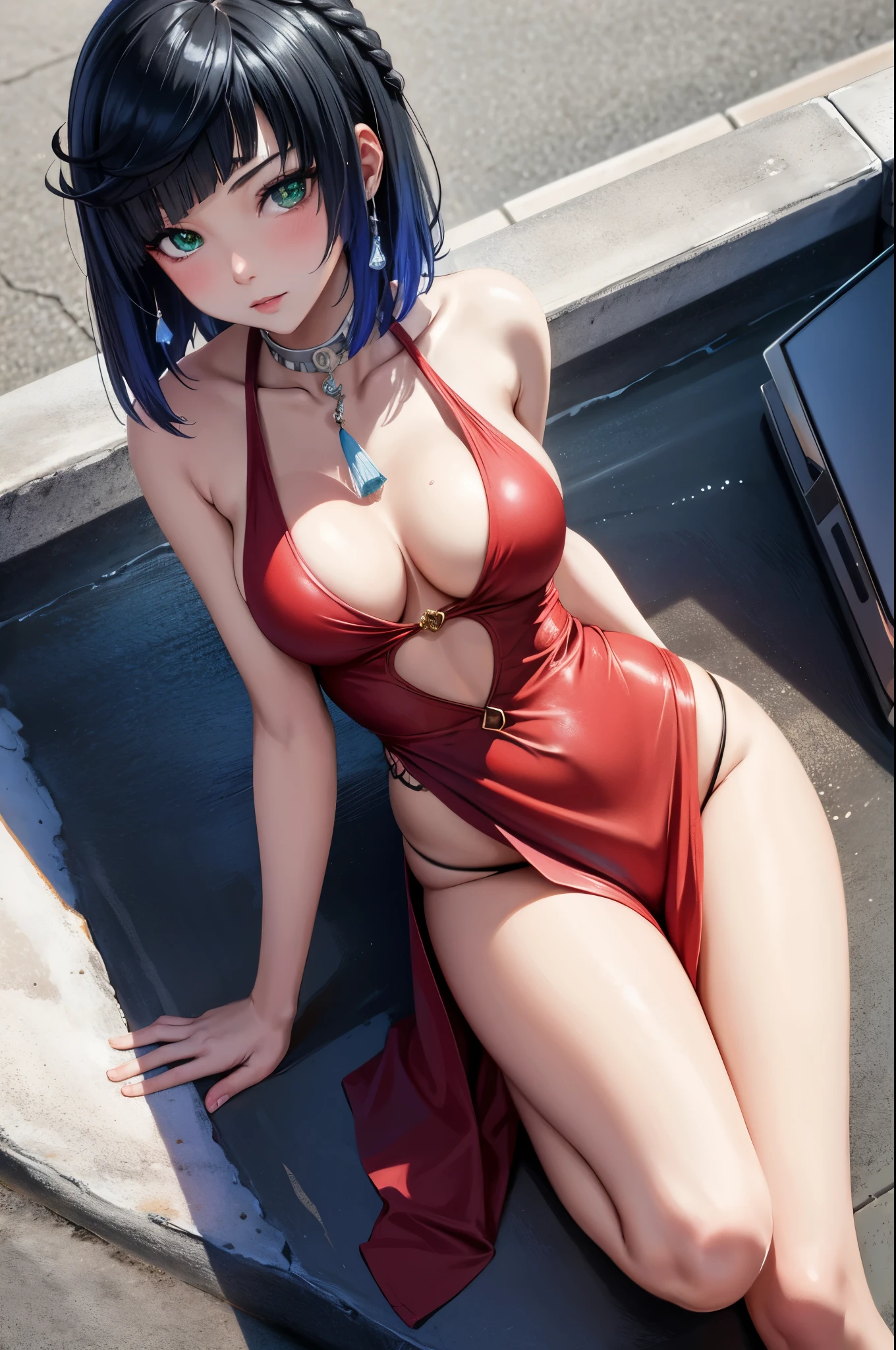 body, sensual cleavage, long red dress, round breasts, thick thighs, Ultra HD, 4k image, character close-up camera, V-shaped panties, panties below low cos, Best image quality, artistic cousin, 超高分辨率, (Fidelity: 1.4), photoreal, 1girll, light green eyeballs, eyelashes, beautiful pupil, shadows, light blush, delicate facial features, reasonable facial features, bare shoulders exposed, waist exposed