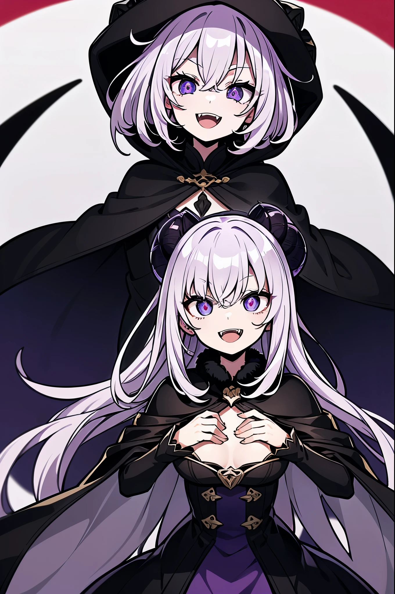 (best quality,4k,highres),menacing crazy glowing purple dragon eyes,wide open eyes,very wide smile,crazed murderous smile,open mouth smile,fangs,very short wavy white hair, in an ornate dress covered by a black cloak, medium chest