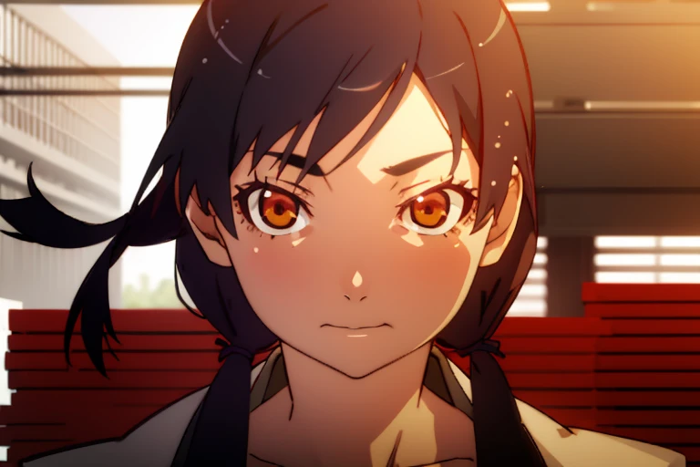 1girl in,Detailed details,Orange eyes,Black hair,pigtails