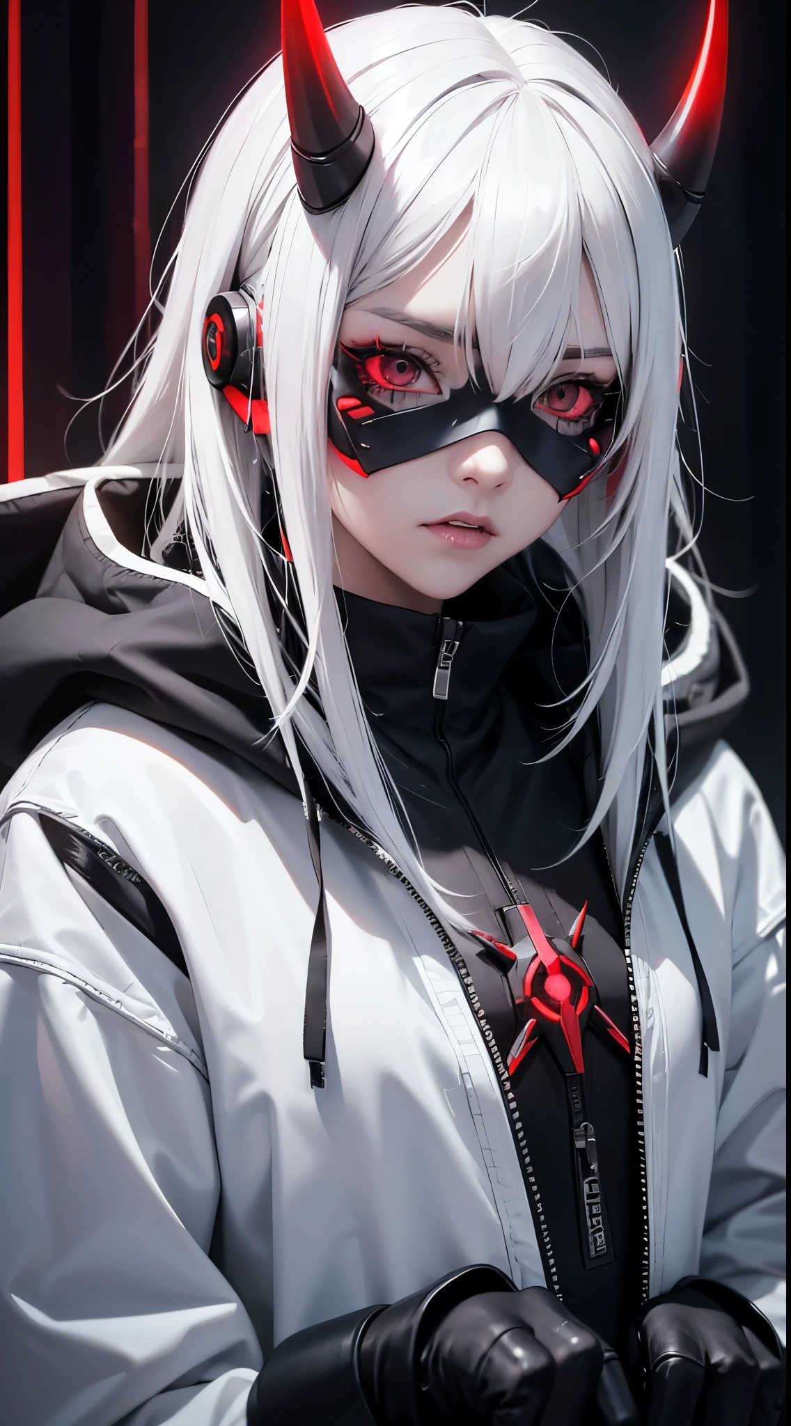 1 girl, white hair, oversized black hoodie, cyber daemon, loli, cyberpunk, ((cyber horns)), red eyes, cyberware, dreamy cyberpunk girl, cyberpunk art ultrarealistic, cybernetic hands, prosthetics, oni mouth mask