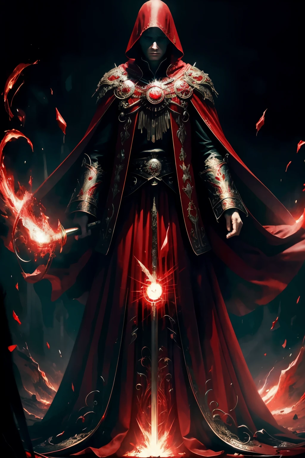 (best quality,4k,8k,highres,masterpiece:1.2),ultra-detailed,realistic,blood mage,cinematic,dark,red tunic,torn red cape,majestic scepter,red aura,strong presence,sinister,deep shadows,dramatic lighting,floating particles,magic effects,ancient symbols,glowing eyes,mysterious atmosphere,ominous,spellbinding,mesmerizing,enchanted,mystical,fantasy,red color palette,ominous chanting,ominous music,thunderstorm background,powerful,commanding,otherworldly, intense gaze