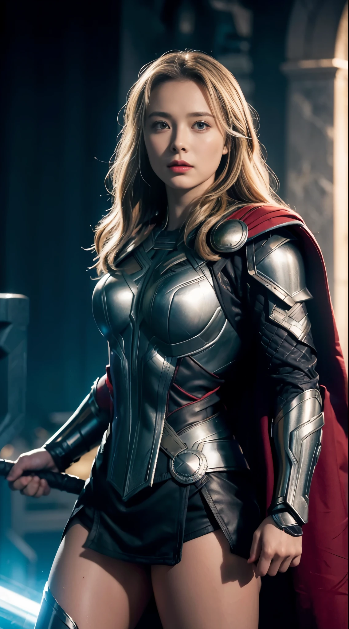 (Best quality, 8K, A high resolution, tmasterpiece:1.2), ultra - detailed, ((Female Thor)), thors hammer, Electric currents, ((Jane Foster)), ((thor armor)), Bust photo, ((upper legs))