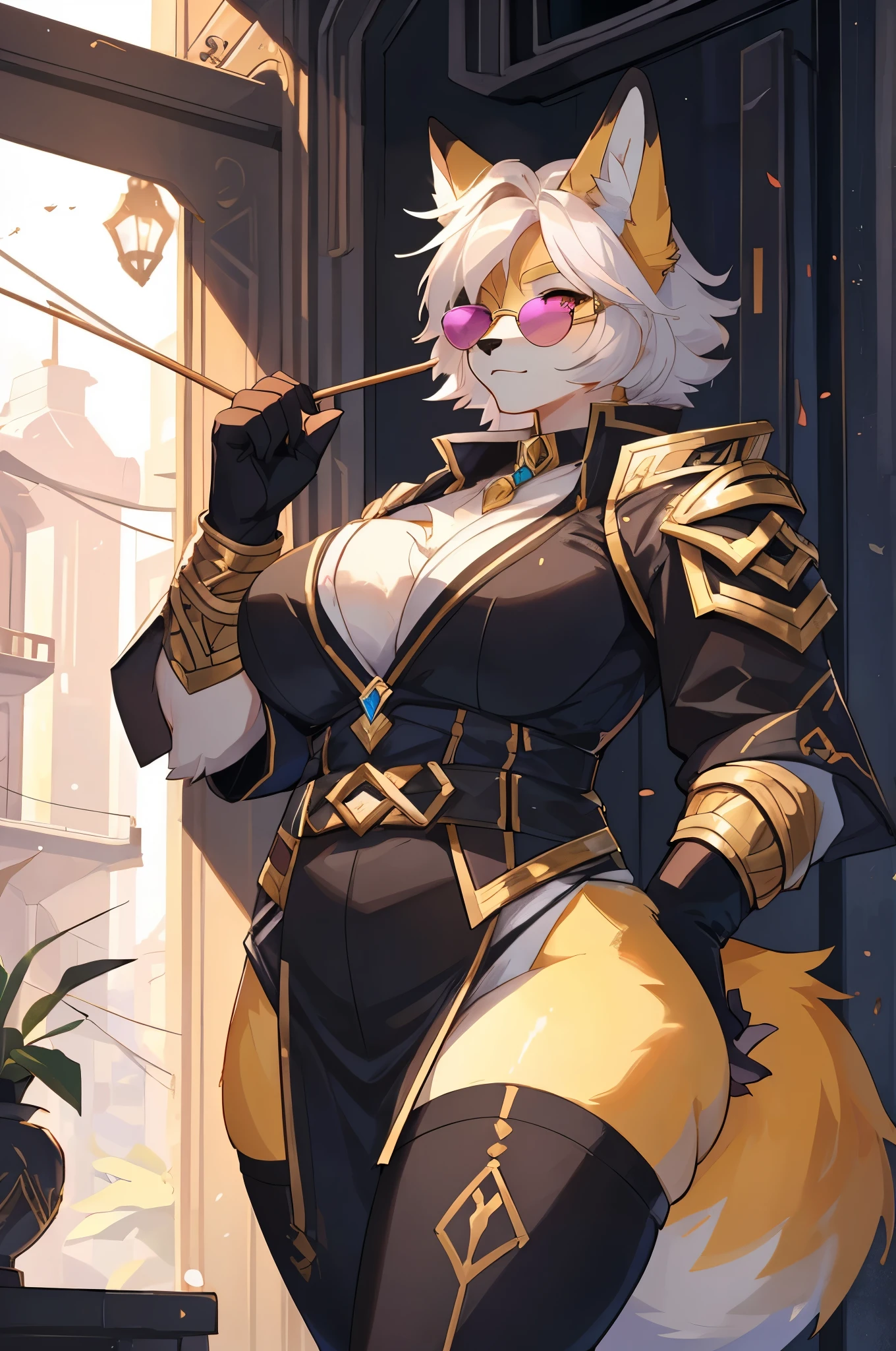 by bebebebebe, by spuydjeks, by spikedmauler, by moonrick, by asaneman, uploaded to e621, seductor, very detailed and beautiful, (female, anthro, anthro animal:1.1),1girl, anthro fox girl, canine, cute face, adorable face, feminine face structure, female, mature woman, 1tail, short hairstyle, (thick thighs:1.1), (big breasts:1.1),((chubby:1.0)) ,BREAK, ((KDA league of legends inspired outfit)), perfect posture), ((short hair)), ((round sunglasses)), white hair, ((vibrant yellow fox)), pink eye color, ((KDA league of legends)), cyberpunk, ((yellow fur)), ((detailed eyes)), holding chopstick, ((detailed eyes))