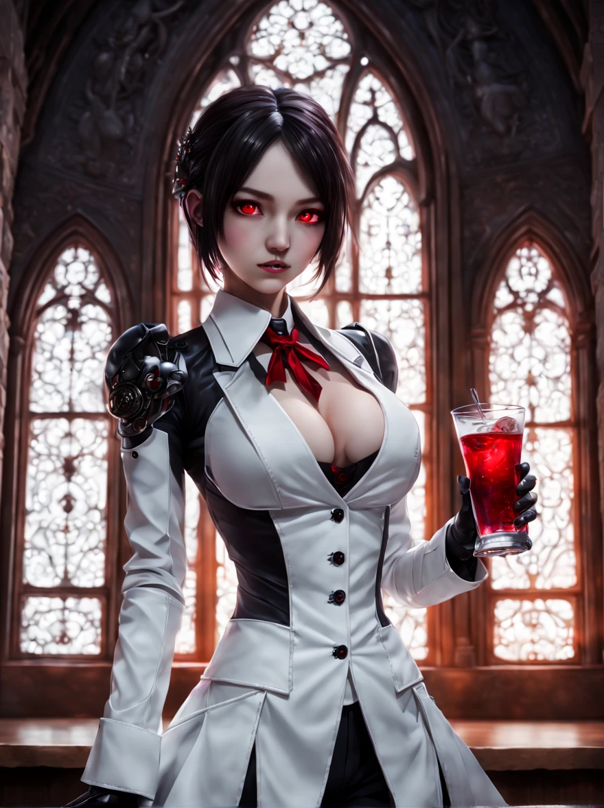 cute big breasts, cute big breastsAF. | A masterpiece with resolutions up to 16K. | (cute big breasts风格). | tall futuristic (Android Butler) With stylish metallic features, standing and ((Look at the audience confidently)). | ((Holding a delicate and rich drink)), Cookies. | Wearing a formal white suit,With a shirt and tie. | (Gothic majestic castle room as background, Moonlight shines through intricate windows,Illuminated the room,Adding a touch of mystery. | Glowing red eyes. | ((robotic hand)). | More_the detail
