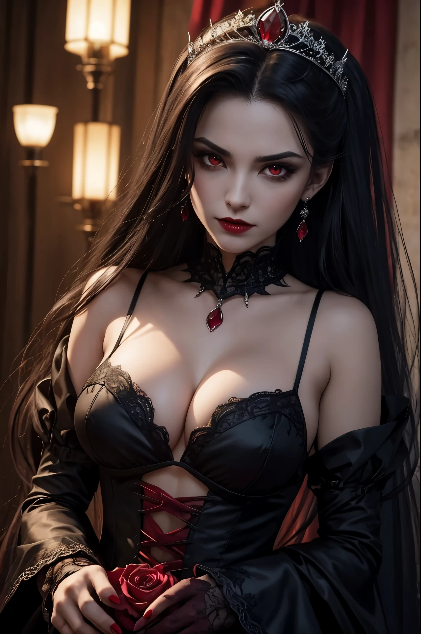 (Sharp Focus:1.1) vampire queen,((His mouth was covered in blood)), Blood drop, Blood-stained hair, Ruby tiara, laced dress, Cleavage is seductive, Looking, dark shadow, Intensity, fanaticism, 8K, high quarity, intricate detailes, closeup cleavage, Glowing red eyes,You can see the vampire's big fangs,large full breasts,
