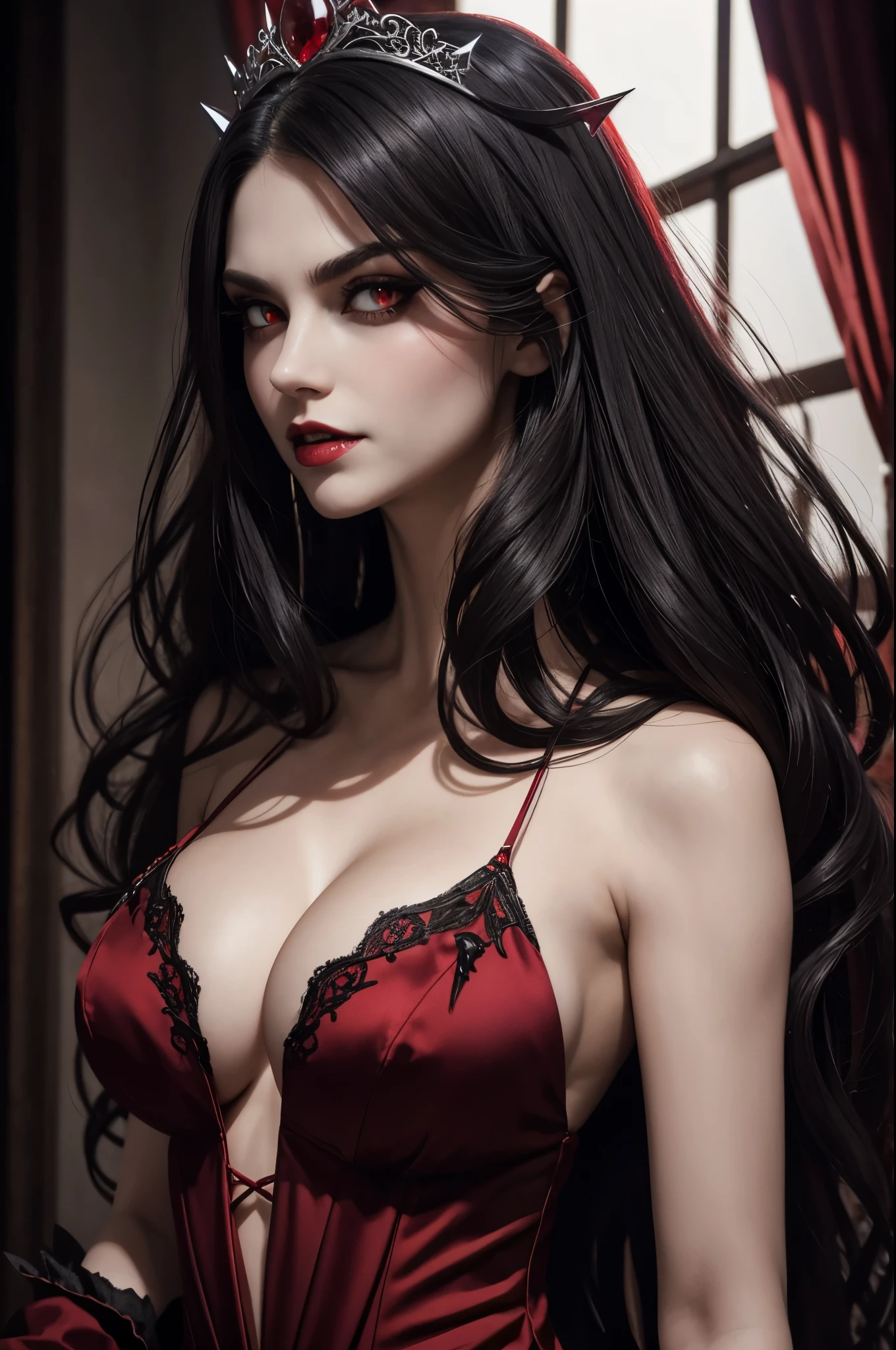 (Sharp Focus:1.1) vampire queen,((His mouth was covered in blood)), Blood drop, Blood-stained hair, Ruby tiara, laced dress, Cleavage is seductive, Looking, dark shadow, Intensity, fanaticism, 8K, high quarity, intricate detailes, closeup cleavage, Glowing red eyes,You can see the vampire's big fangs,large full breasts,