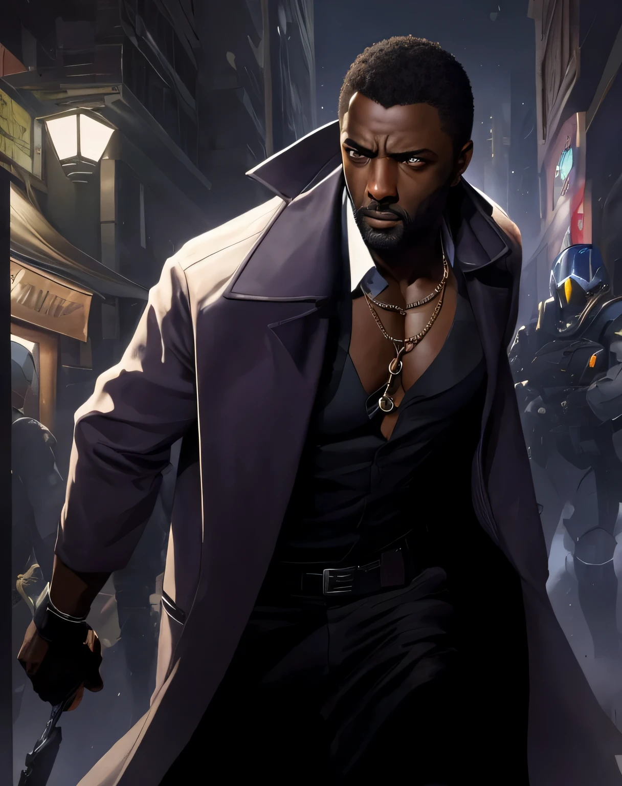 There&#39;um homem de sobretudo e camisa andando pela rua, Idris Elba e Lance Reddick, arte do personagem shadowrun, arte chave, Directed by: John Cat, Directed by: Tiago Gurney, arte splash shadowrun | |, arte chave do jogo, trending on ArtStation.', Fila dos Santos, inspirado em Rajmund Kanelba, Directed by: Harrington Mann, octano. trending on ArtStation, character poster