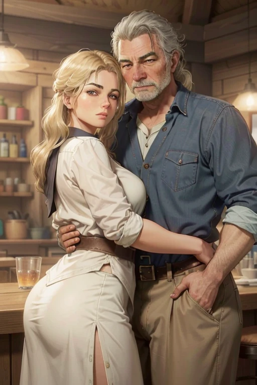 (master part, best quality:1.3) 
RDRAbigail, 1 beautiful sexy blonde girl with a big ass and thick thighs hugging a 90 year old man, cabelos longos, Realistic, tiro completo , bar na cobertura, Noite, lively and energetic with a mix of natural and arteificial light 4k, 8k, trending on artestation, arte