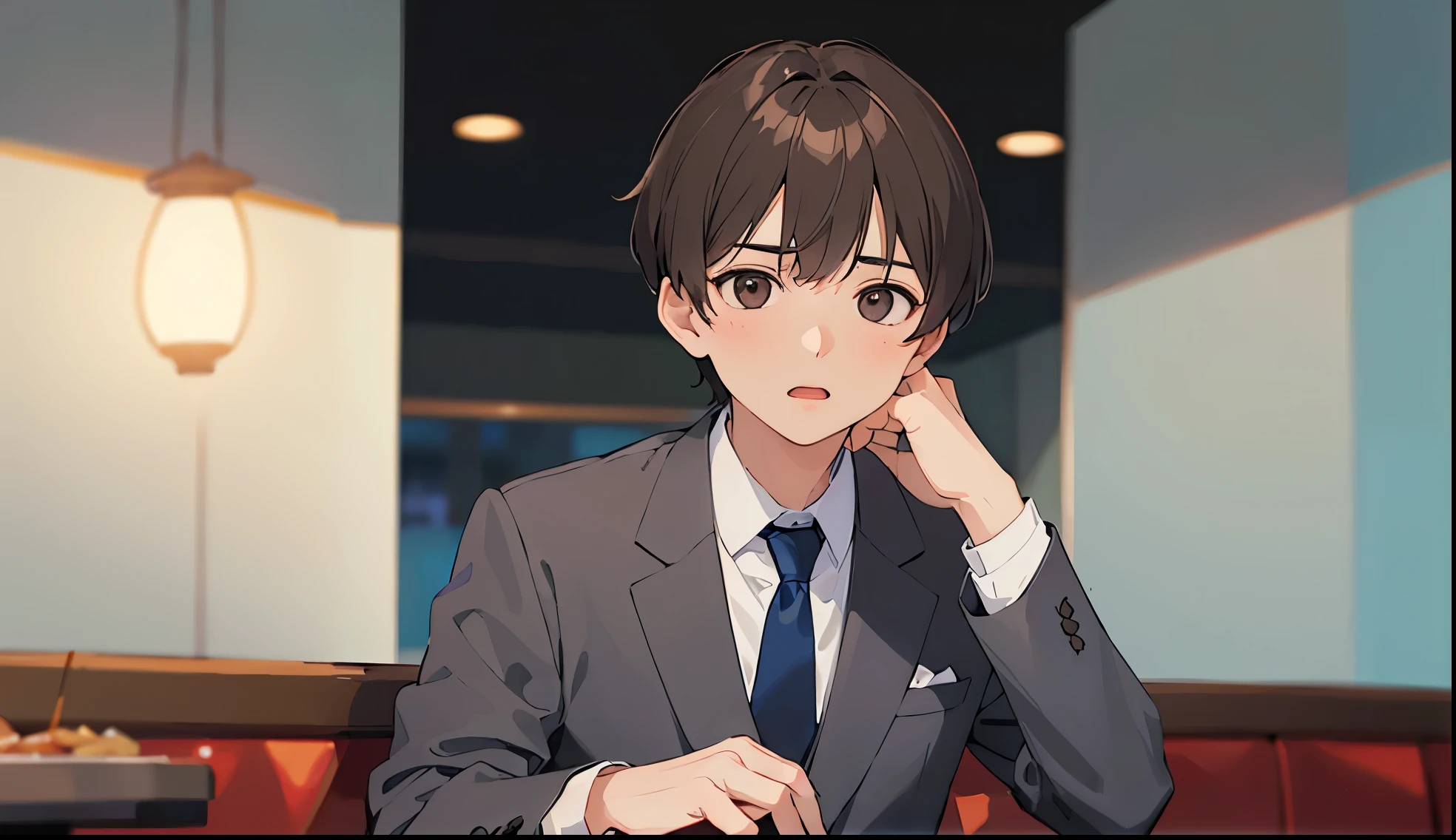 The background is a restaurant、walls、illuminating