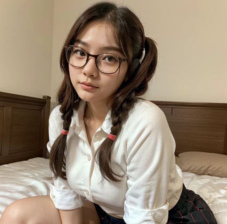 Korean Asian woman wearing glasses and headphones sitting on the bed, with glasses, korean girl, thick glasses, age is 18 years old, 2 2 years old, thicc, 21 years old, beautiful asian girl, asian girl, young and cute girl, with glasses on, spectacled, cutecore, big glass, Cat girl is so cute...,japanese school uniform,Red pigtails