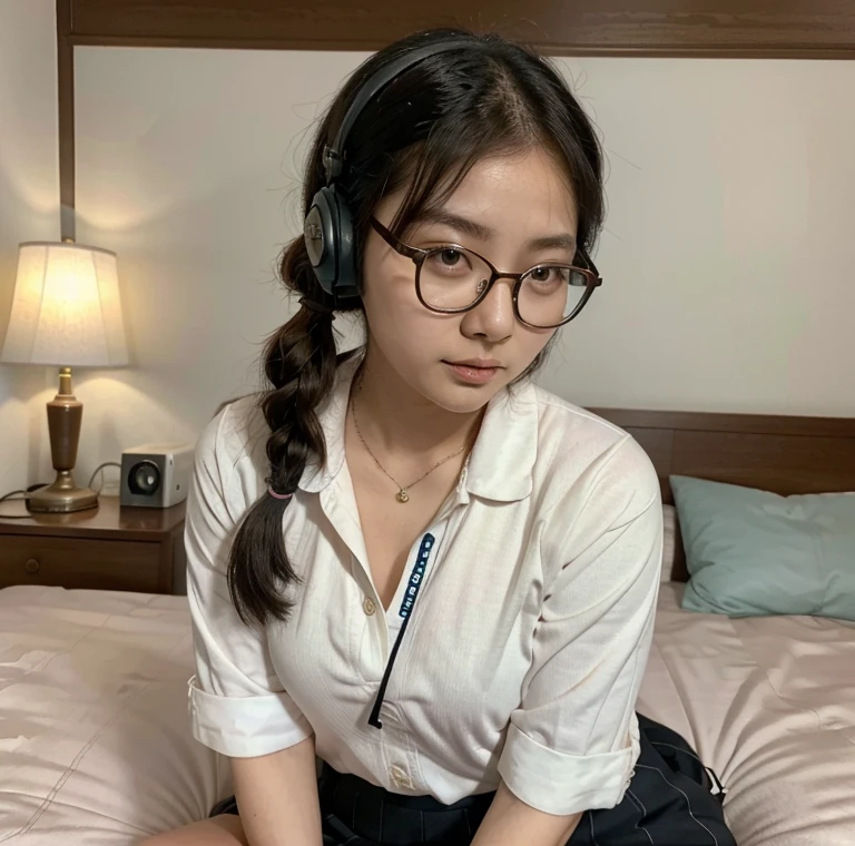 Korean Asian woman wearing glasses and headphones sitting on the bed, with glasses, korean girl, thick glasses, age is 18 years old, 2 2 years old, thicc, 21 years old, beautiful asian girl, asian girl, young and cute girl, with glasses on, spectacled, cutecore, big glass, Cat girl is so cute...,japanese school uniform,Red pigtails