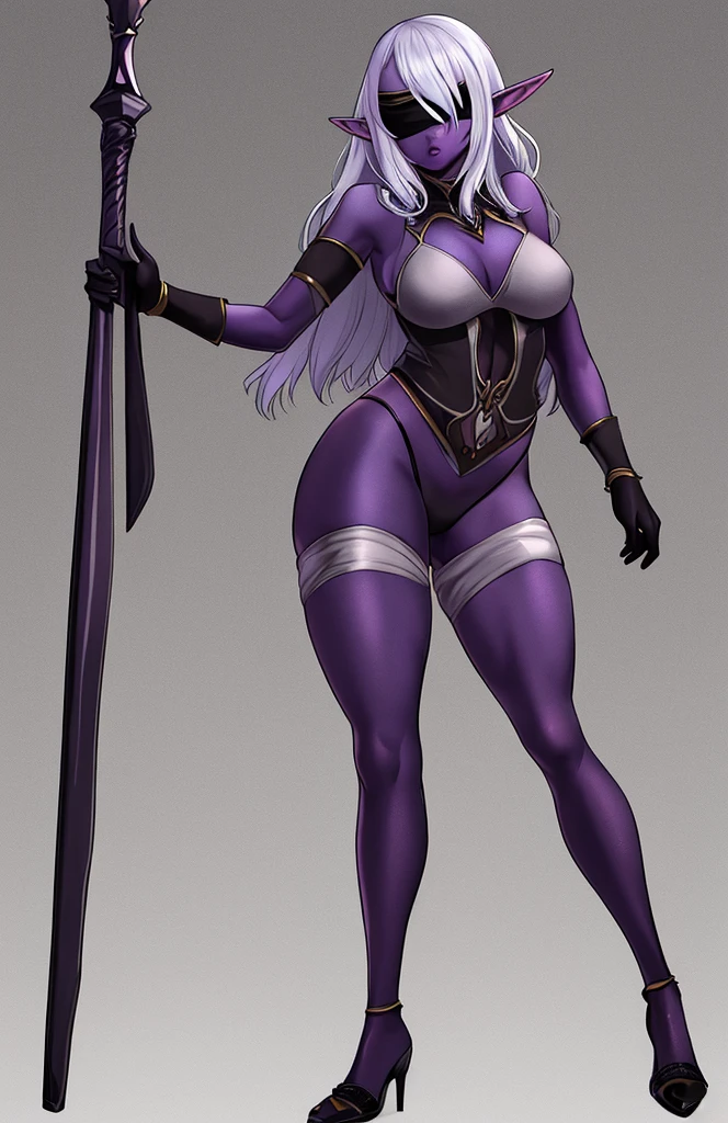 Masterpiece, standing straight symmetrical, full body female drow elf slave wearing an adventurer outfit, black blindfolded, (very purple skin)