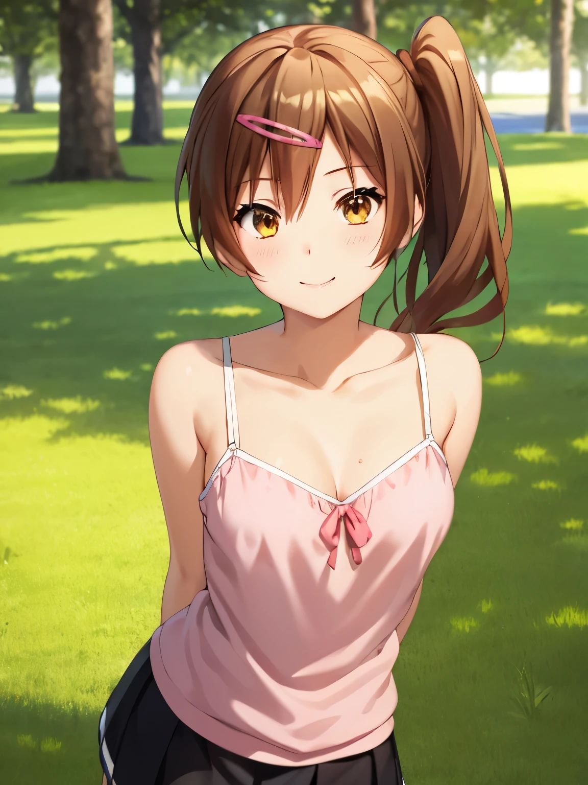 ​masterpiece、top-quality、ighly detailed、独奏、Three-dimensional feeling、animesque、animesqueイラスト風、masutepiece, (Best Quality), 1womanl,1girl in ,shinka_nibutani, Brown hair, Long hair in the park, Side Ponytail, Brown eyes,Plain clothe, Pink camisole,medium breasts,Arms behind your back、Hair Ornament ,Sexy Woman,Smile, hair between eye, , embarrassed,blush, Skirt, Vibrant colors , Beautiful, (Detailed face:1.2), standing on the grass、, (Perfect eyes:1.1) ,(Photorealistic:1.1), 8K UHD, Looking at Viewer,