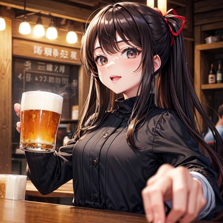 top-quality, hight resolution, 8K images,best qualtiy,hight resolution、A young man、Anime Face、izakaya、Cheers with draft beer、Detailed CG background、Brown hair, Absolute area、Looking at the camera、(Illustration ratio:1.1)、Year-end party、Fun atmosphere、Black jacket、charcoal gray high neck shirt、Long sleeves、hight resolution、foco nítido