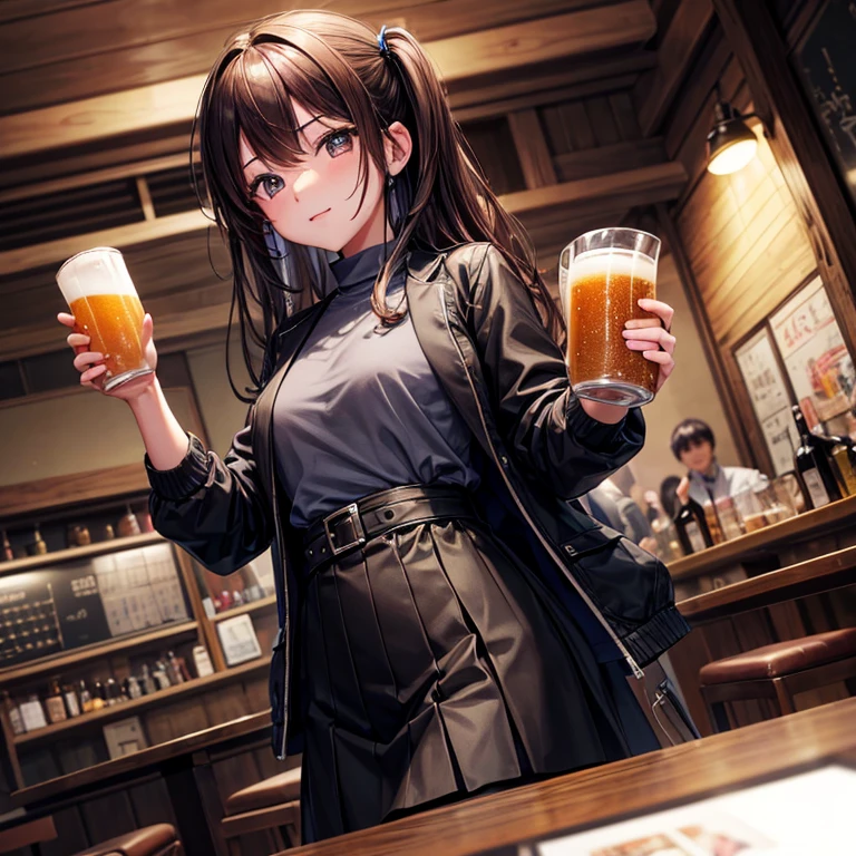 top-quality, hight resolution, 8K images,best qualtiy,hight resolution、A young man、Anime Face、izakaya、Cheers with draft beer、Detailed CG background、Brown hair, Absolute area、Looking at the camera、(Illustration ratio:1.1)、Year-end party、Fun atmosphere、Black jacket、charcoal gray high neck shirt、Long sleeves、hight resolution、foco nítido