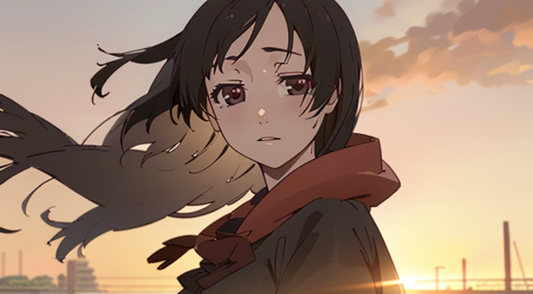 ((Best Quality)), ((masutepiece)), 1girl in，Detailed details，1girl in，long head of hair，Black eyes，Black clothes，Hair that flutters in the wind