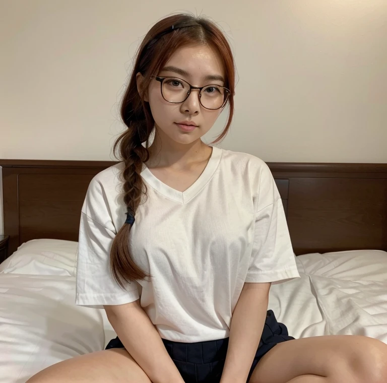 Korean Asian woman wearing glasses and headphones sitting on the bed, with glasses, korean girl, thick glasses, age is 18 years old, 2 , thicc, 21 years old, beautiful asian girl, asian girl, young and cute girl, with glasses on, spectacled, cutecore, big glass, Cat girl is so cute...,japanese school uniform,Red pigtails